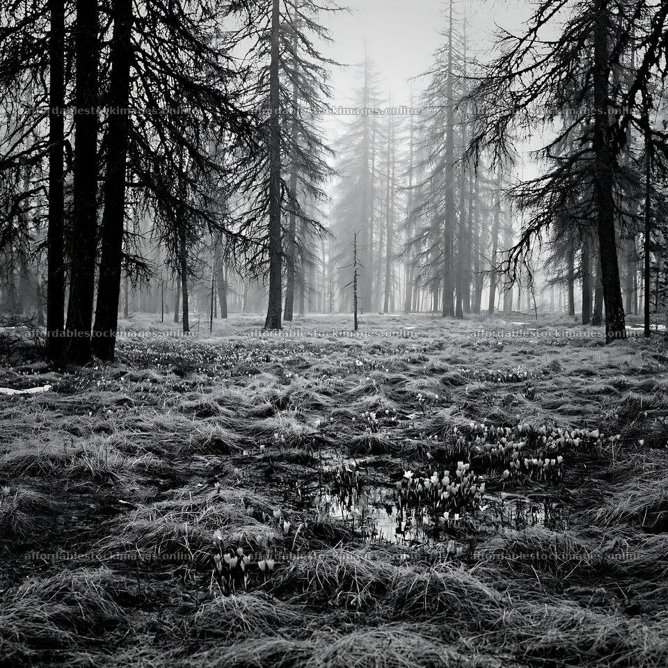Misty forest meadow with flowers and trees in the background – stock images 7938x7938