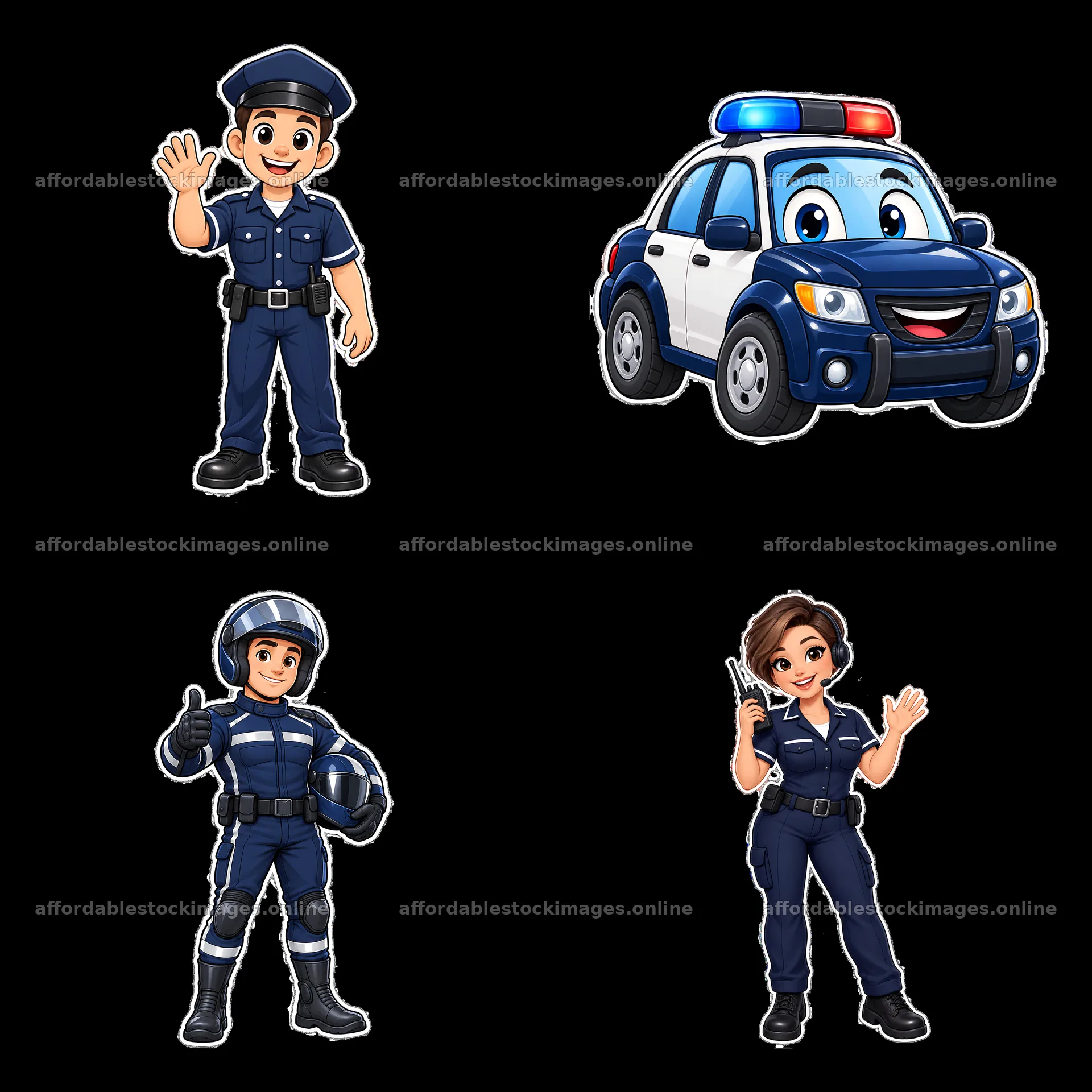 Cartoon police characters with police car in 2x2 layout – stock images 7746x7746