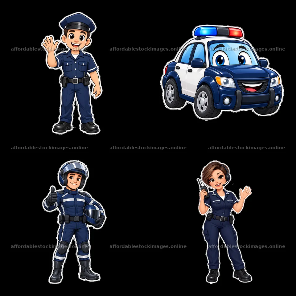 Cartoon police characters with police car in 2x2 layout – stock images 7746x7746