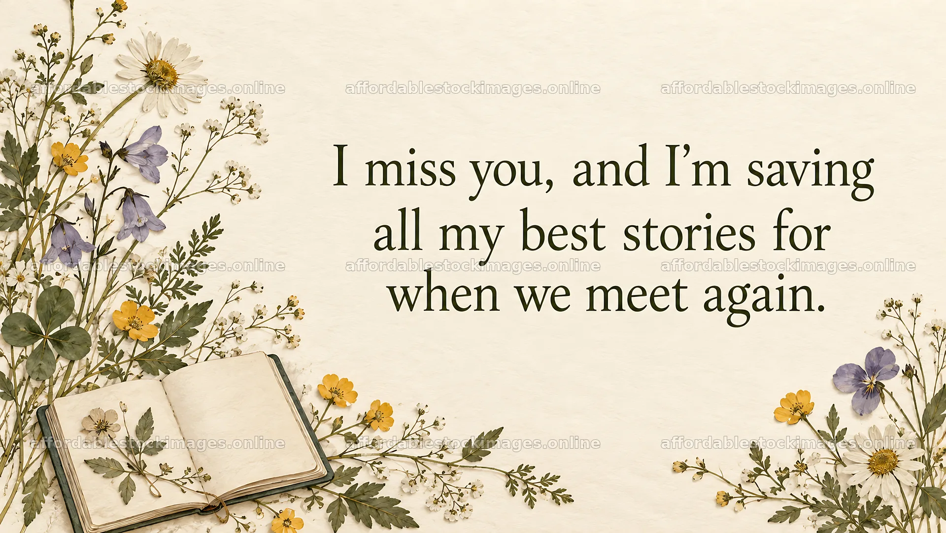 I Miss You Greeting with Wildflowers and an Open Book – stock images 10324x5812