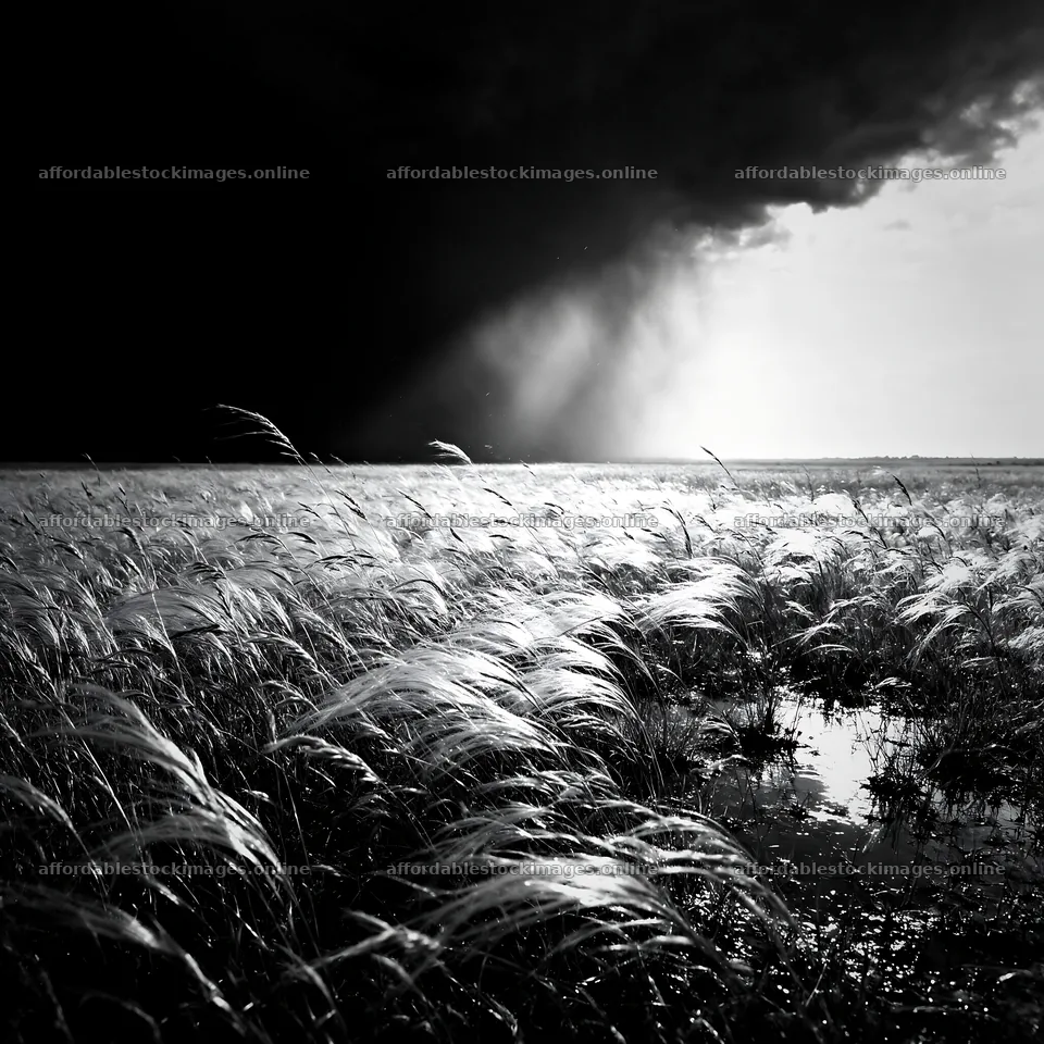 Seedhead meadow under dramatic sky with clouds and light – stock images 7938x7938