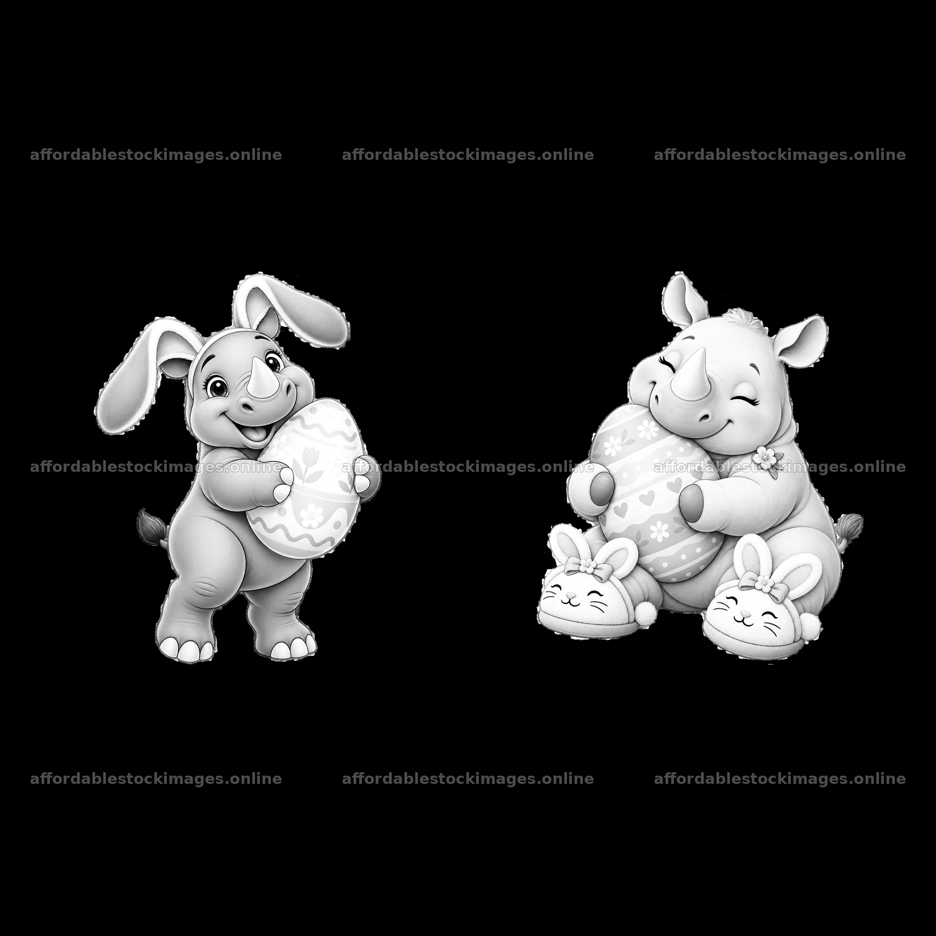 Easter rhinoceros and rabbit cartoon sticker pair – stock images 7746x7746