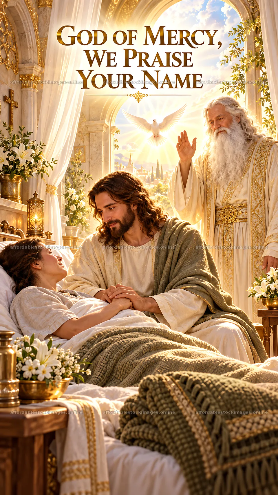 Jesus Christ comforts a suffering woman in a heavenly setting – stock images 5811x10326