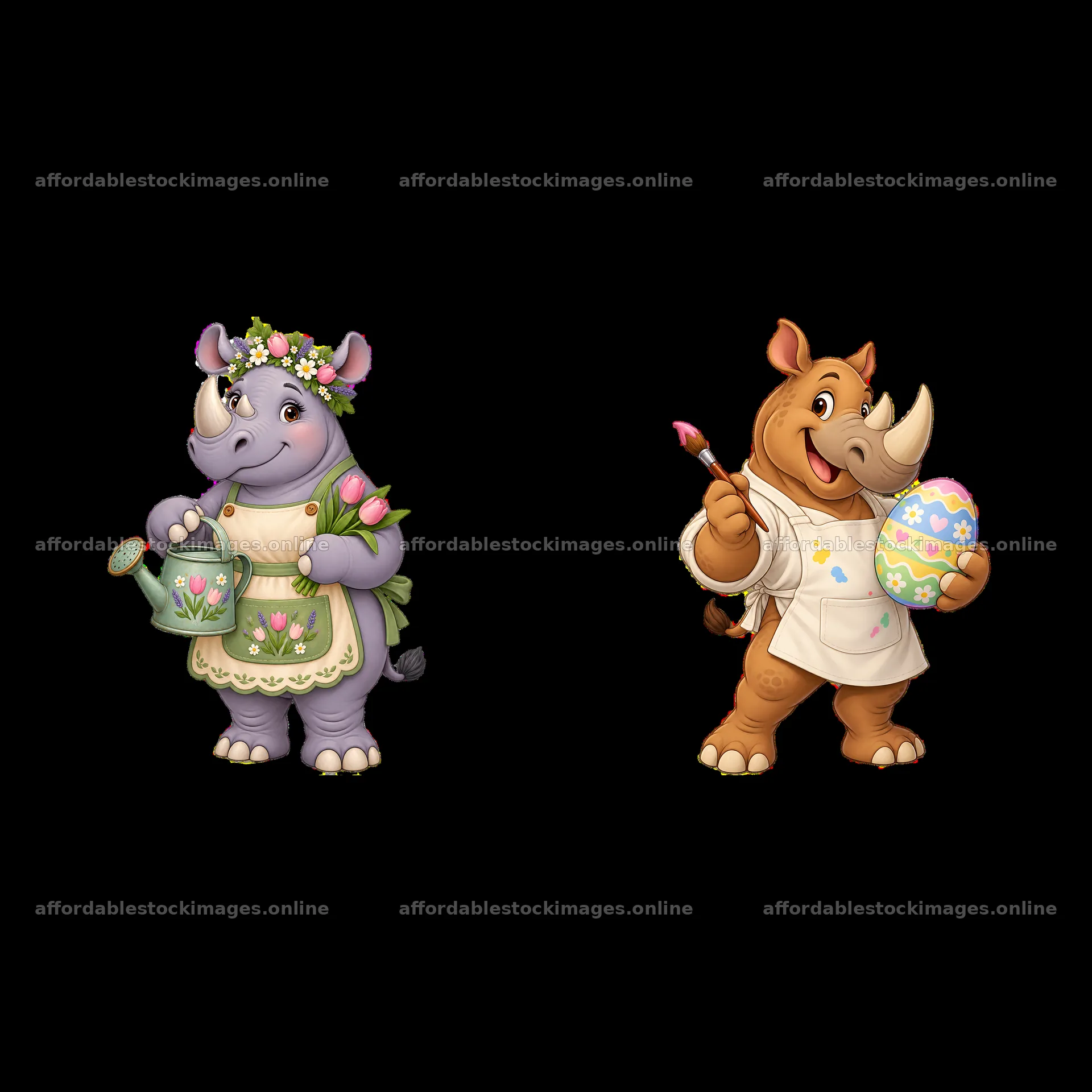 Easter rhinoceroses decorating eggs and tending flowers – stock images 7746x7746