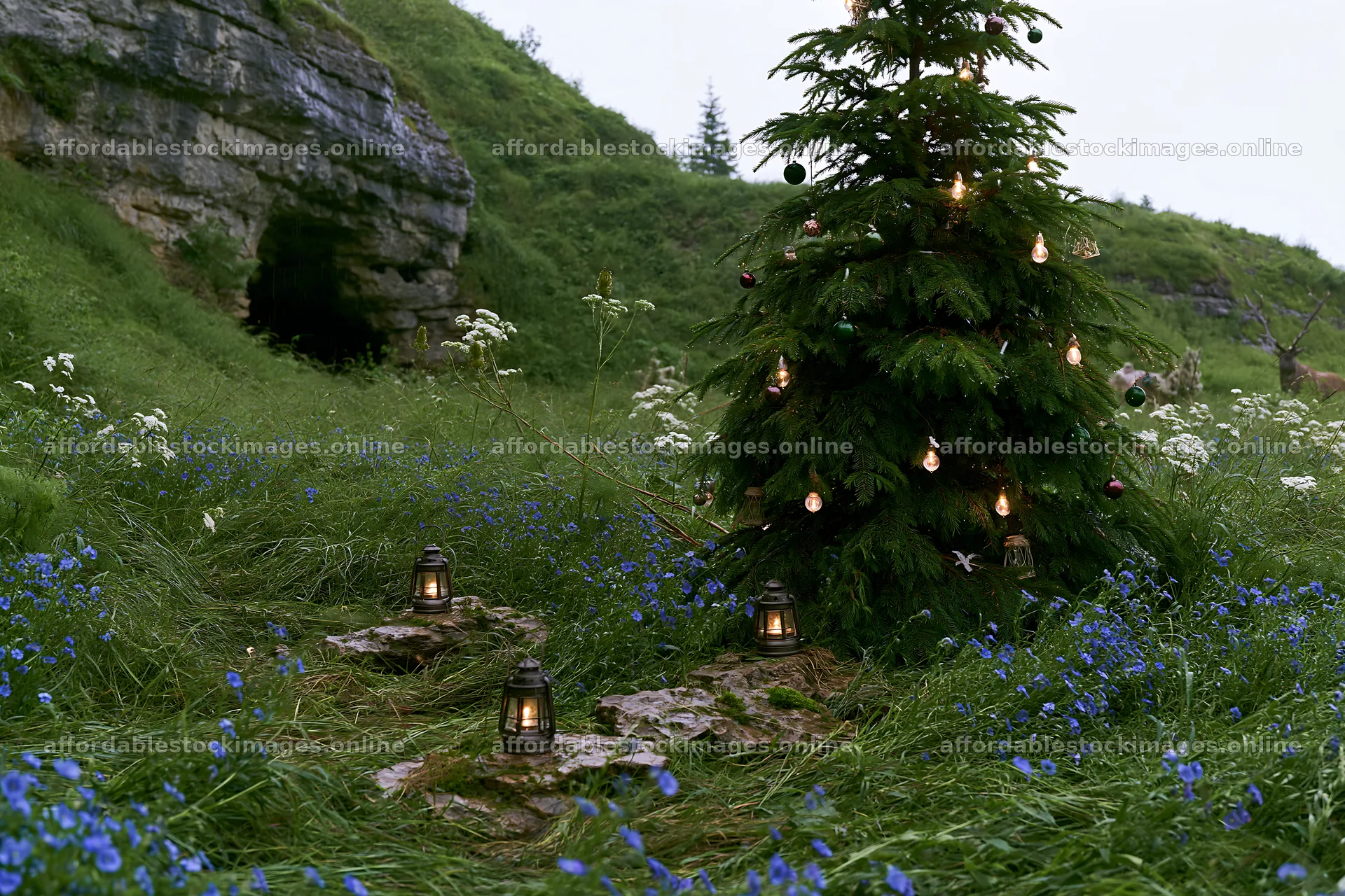 Christmas tree with ornaments near cave in meadow – stock images 9722x6480