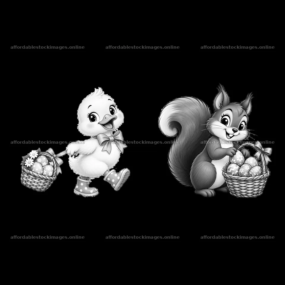 Easter duckling and squirrel carrying baskets of eggs – stock images 7746x7746