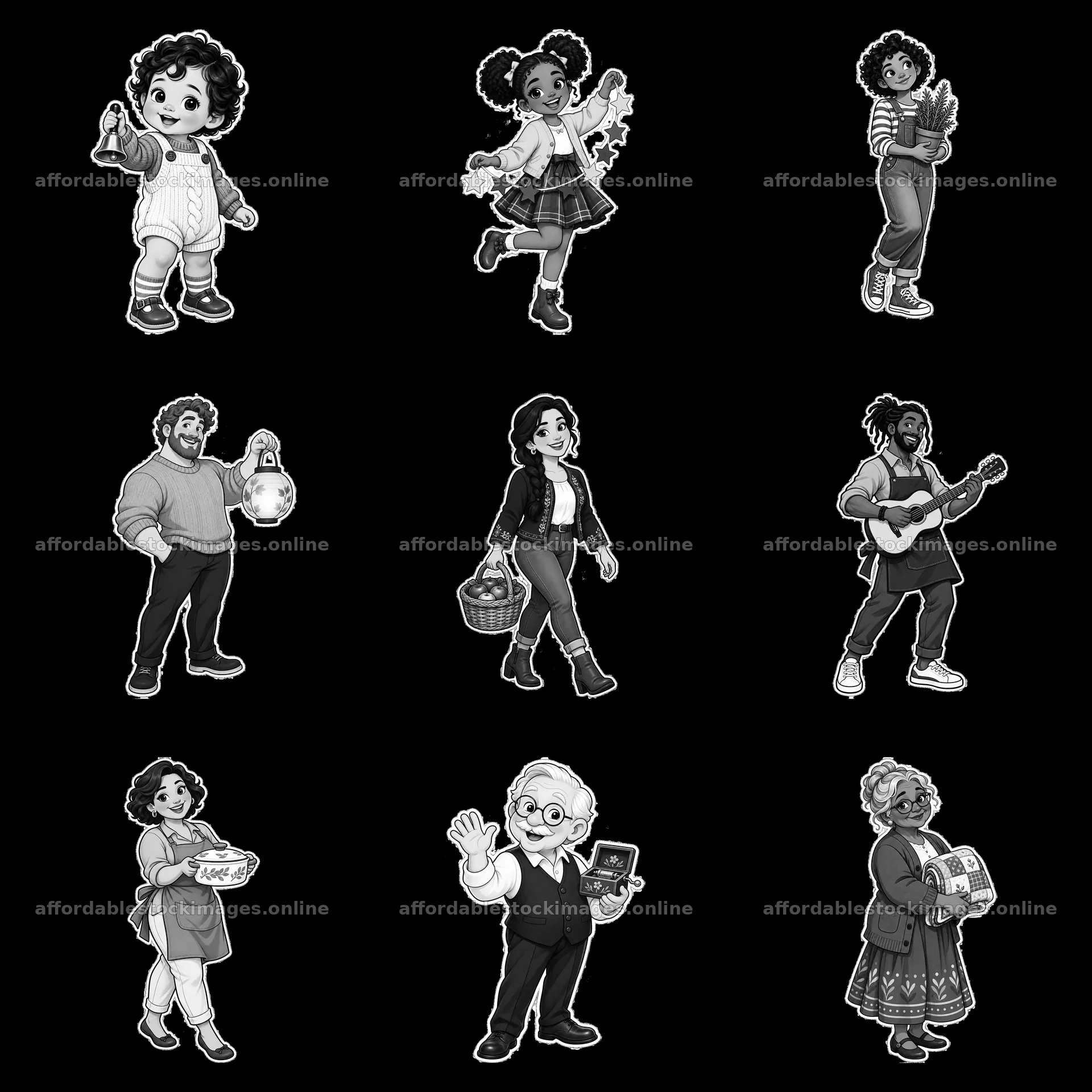 Black and white cartoon family characters in activities – stock images 7746x7746