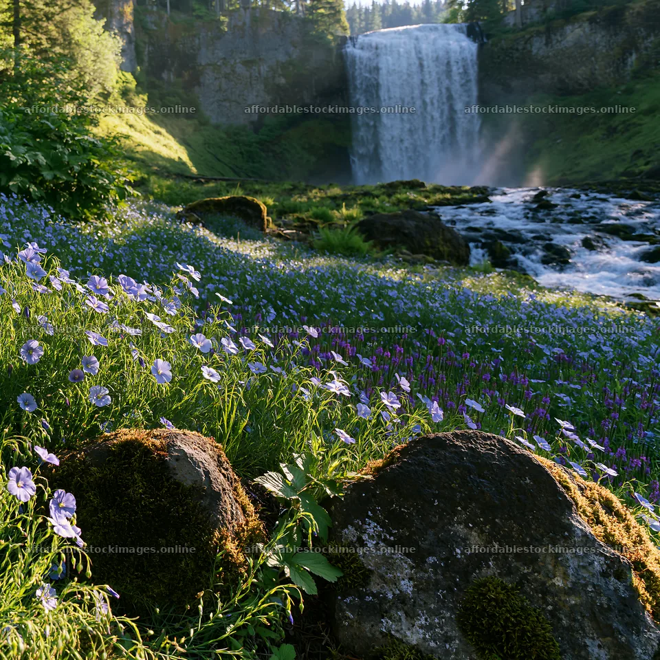 Wildflower meadow at waterfalls in a forest setting – stock images 7938x7938