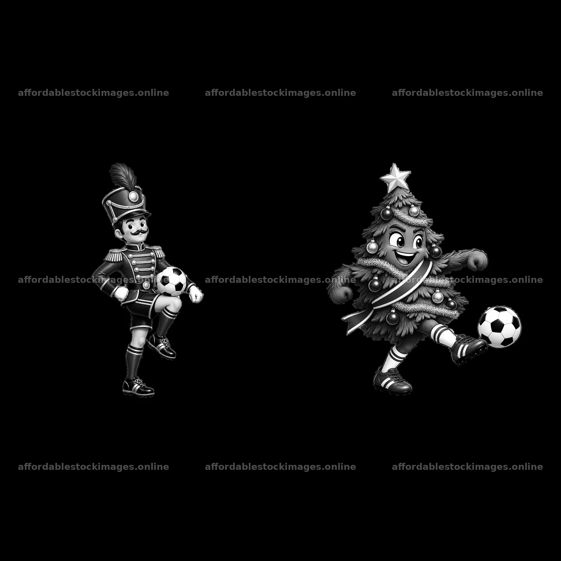 Christmas soldier and tree kicking soccer ball illustration – stock images 7746x7746