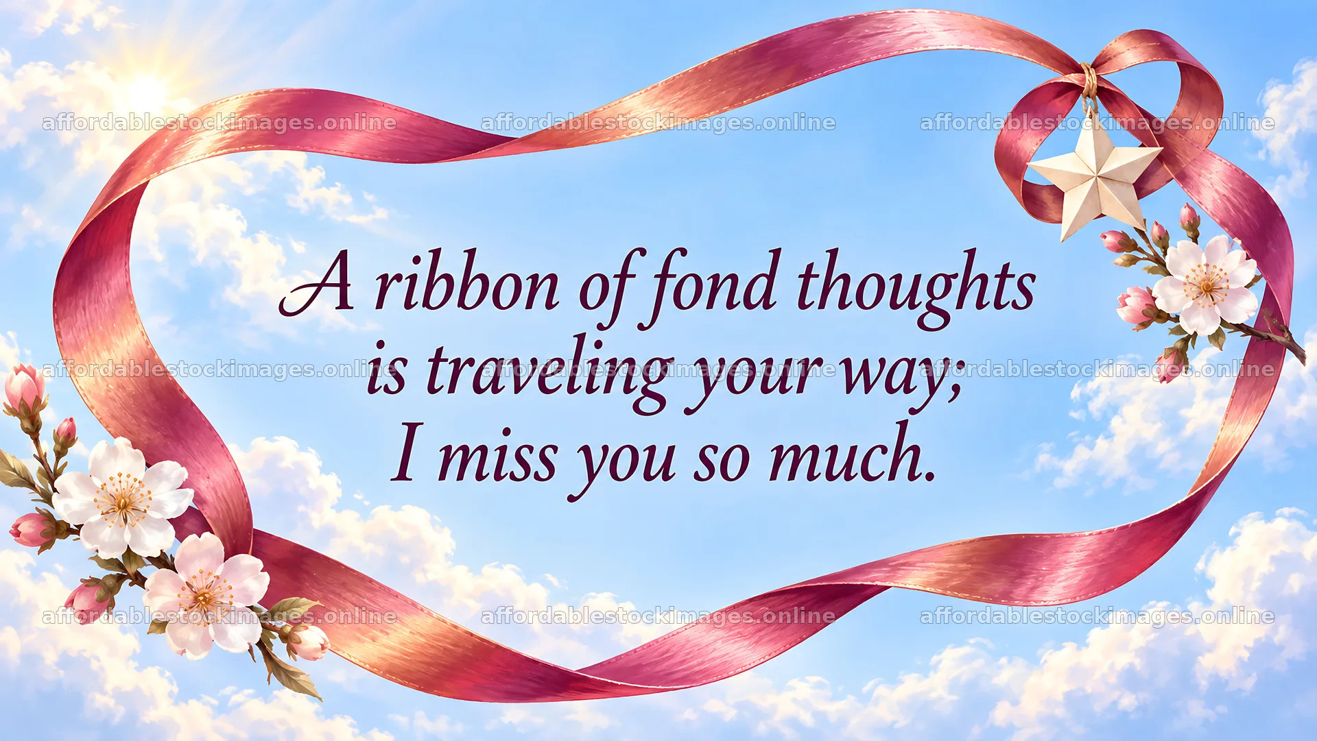I Miss You Greeting with Pink Ribbon and Blossoms – stock images 10324x5812
