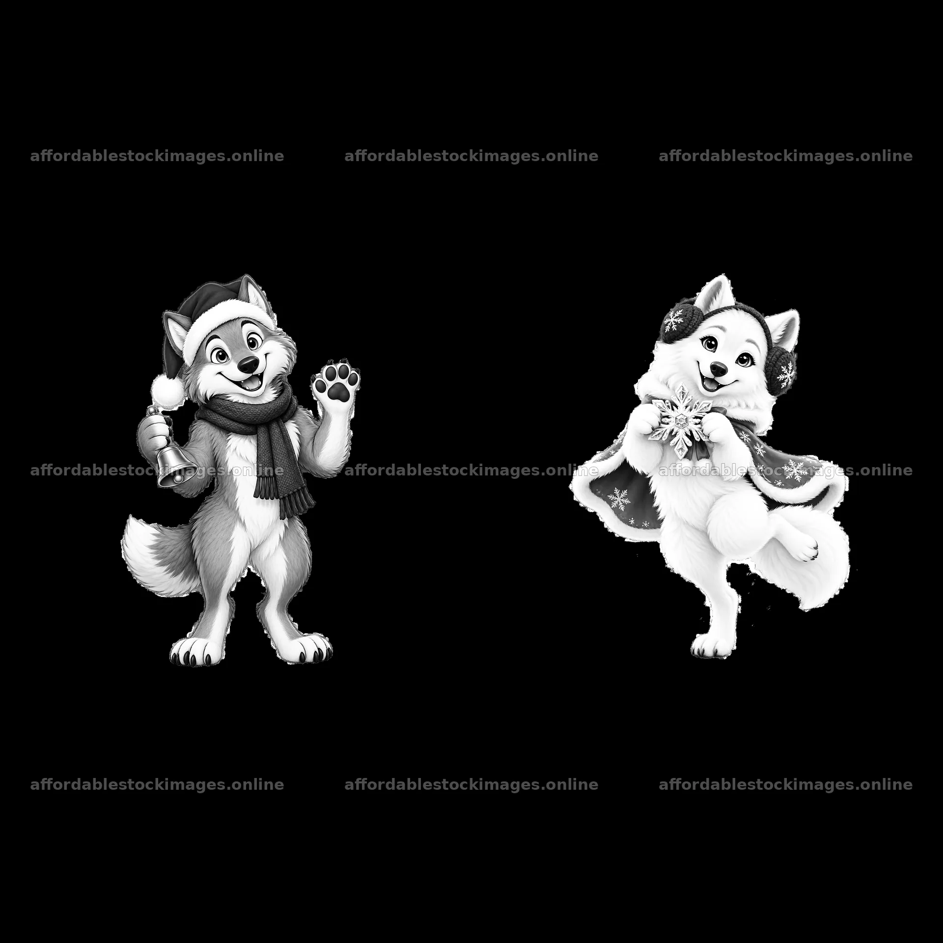 Christmas wolves celebrating with accessories and festive attire – stock images 7746x7746