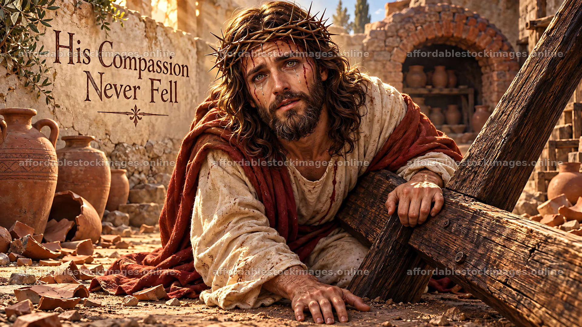 Man in biblical setting with wooden cross and crown of thorns – stock images 10580x5954