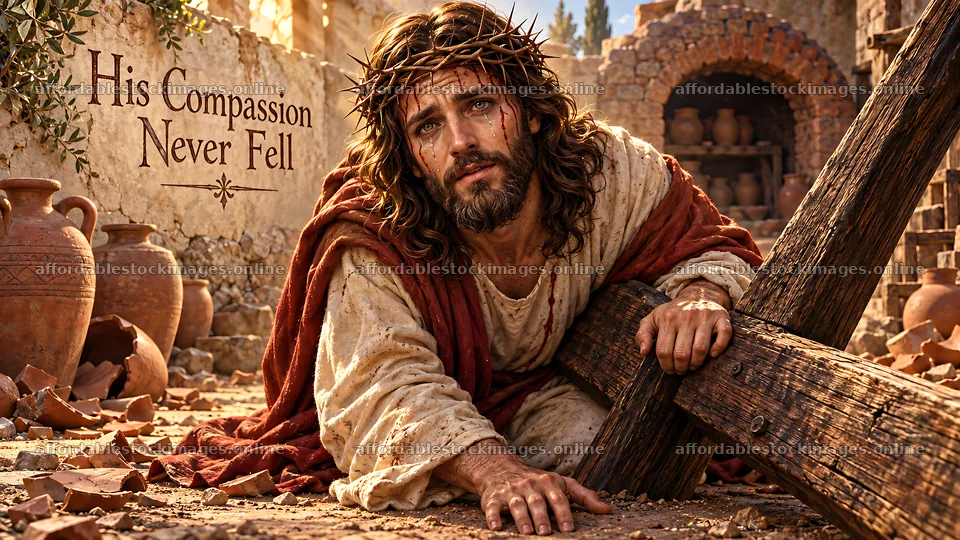 Man in biblical setting with wooden cross and crown of thorns – stock images 10580x5954