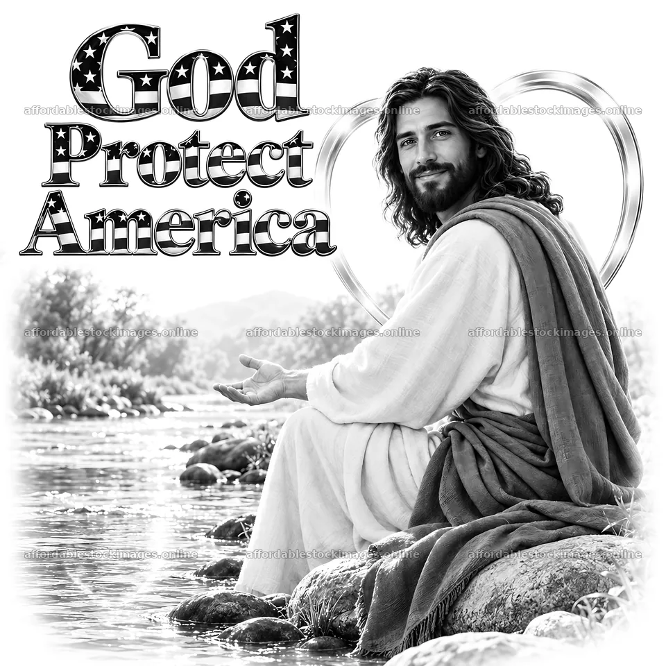 Jesus Christ sitting by a river with a message for America – stock images 7746x7746