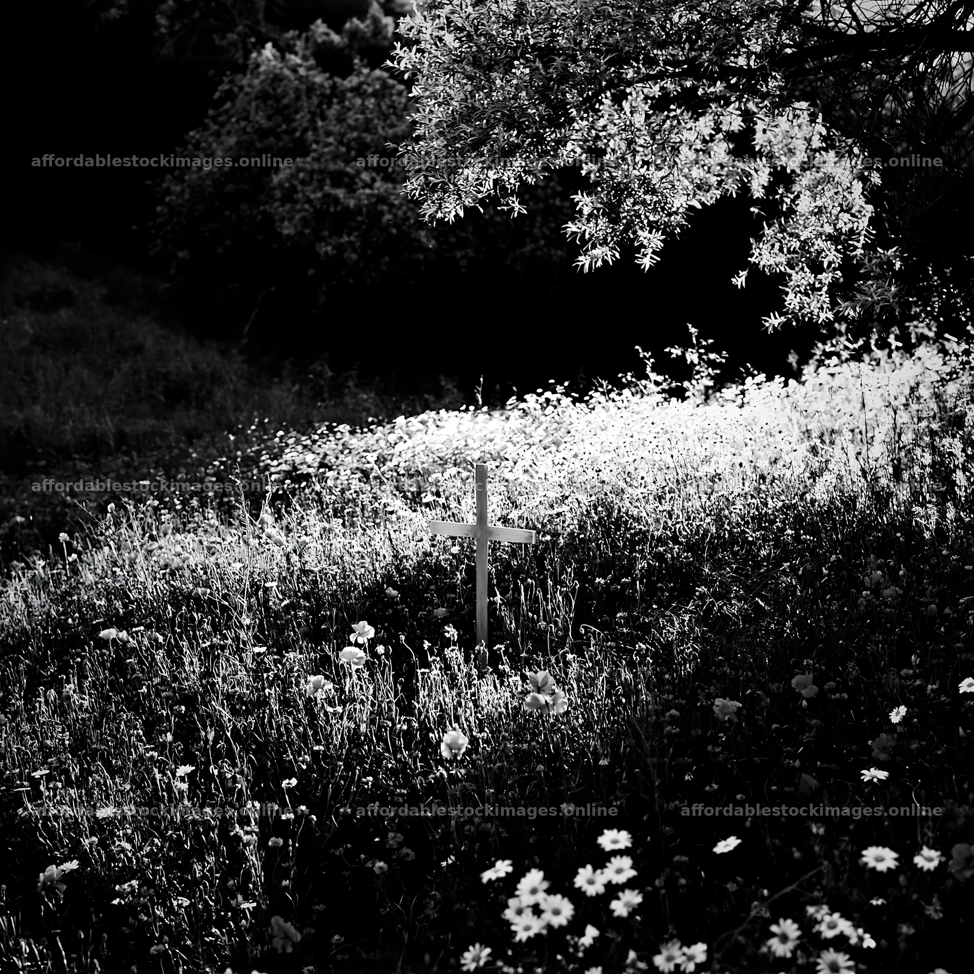 Christian cross in a meadow with flowers under sunlight – stock images 7938x7938