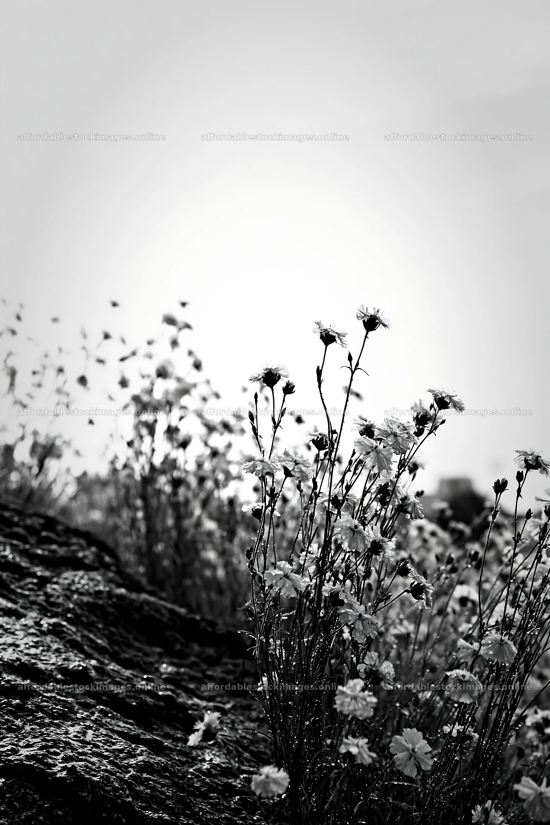Hiroshima meadow with flowers and smooth rocks under rain – stock images 6480x9722