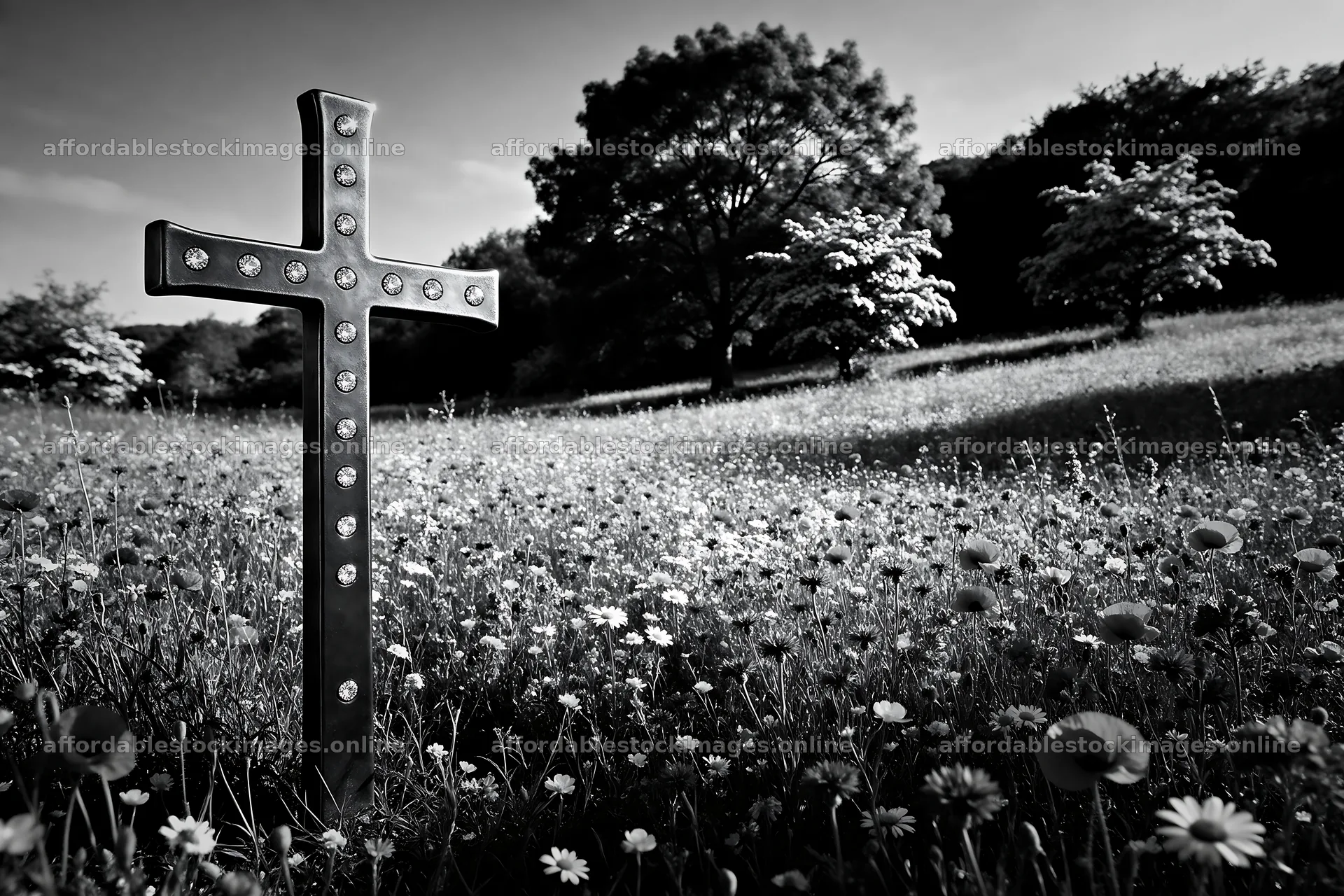 Rustic cross on spring meadow with flowers and trees – stock images 9722x6480