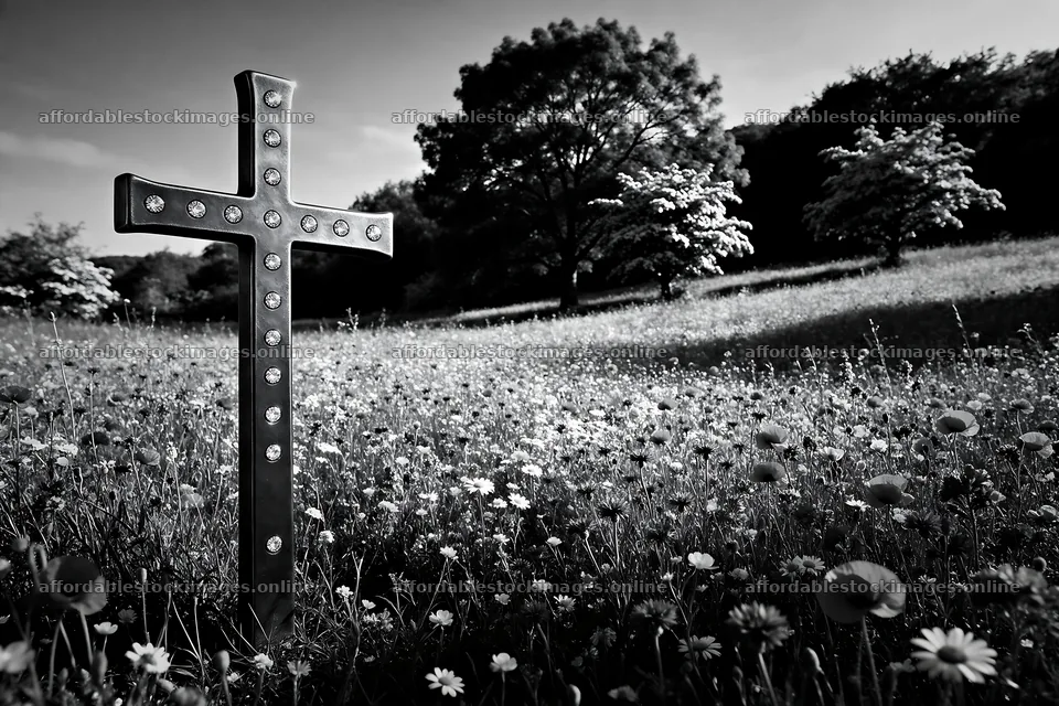 Rustic cross on spring meadow with flowers and trees – stock images 9722x6480