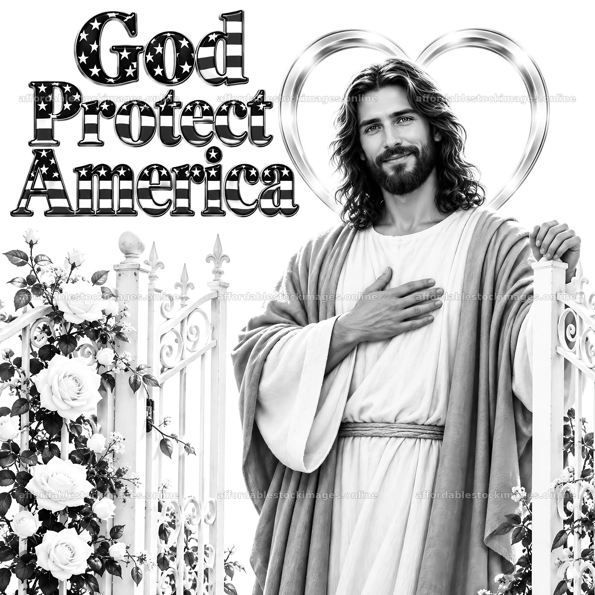Jesus Christ welcoming with a protective message for America – stock images 7746x7746