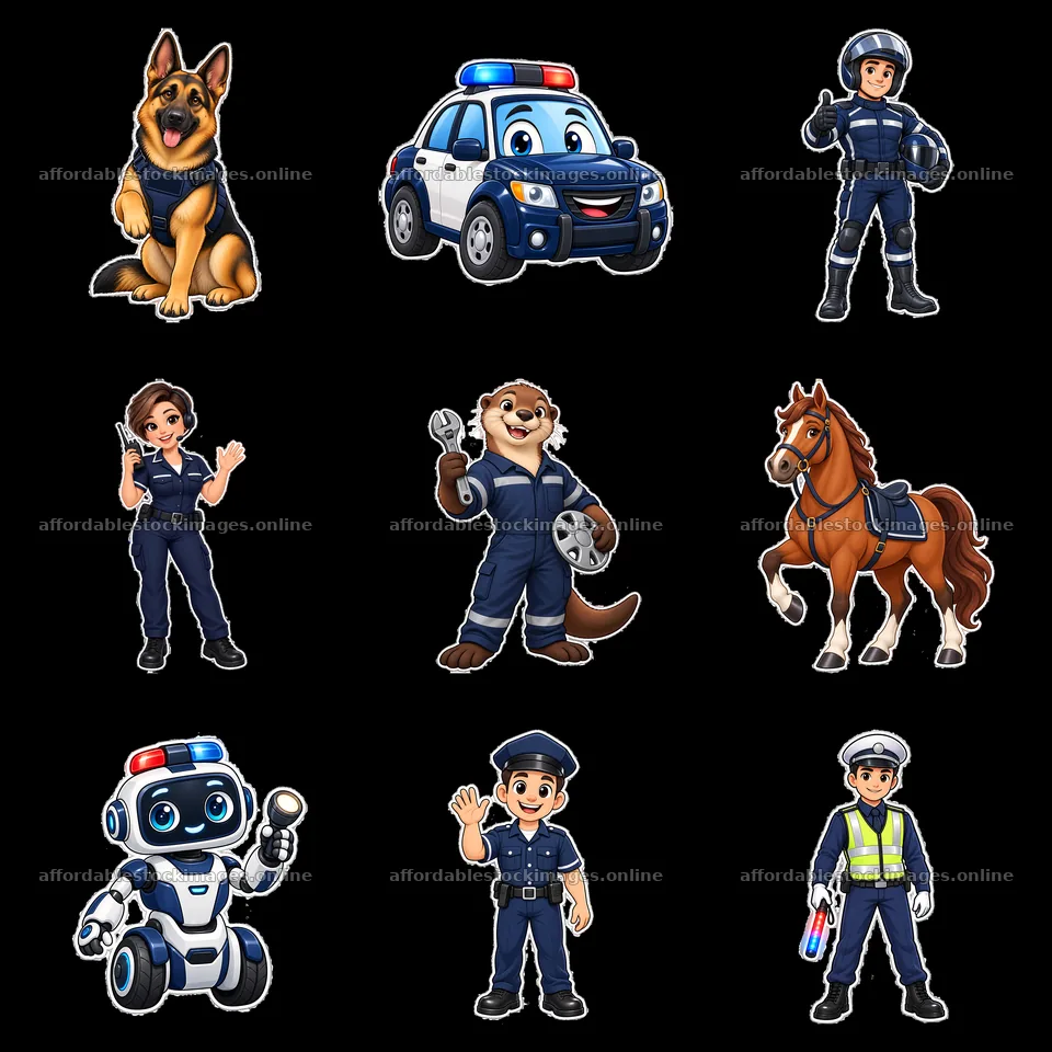 Police characters and vehicles in a fun cartoon grid layout – stock images 7746x7746