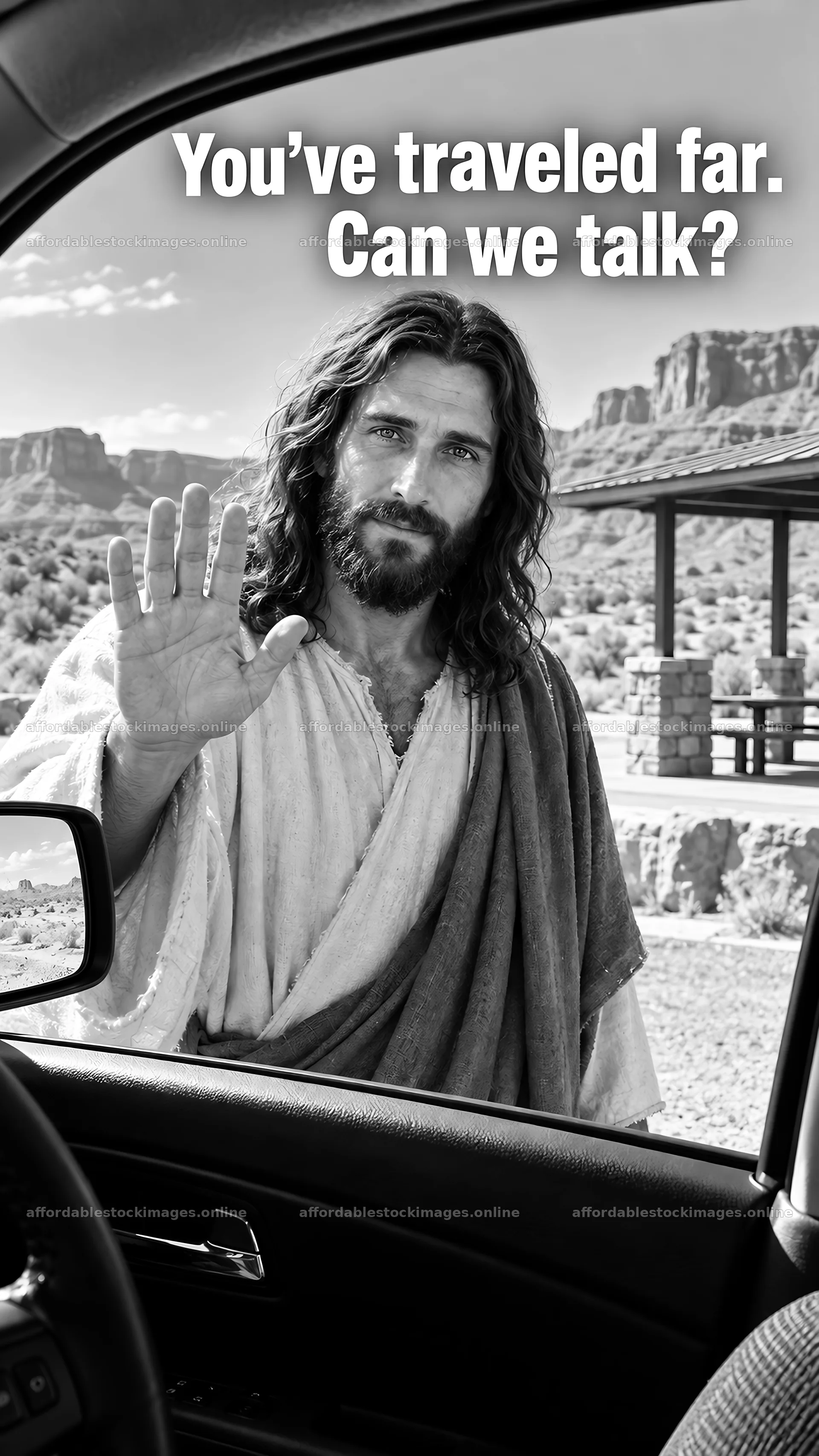 Jesus Christ invites conversation from a car window – stock images 5811x10326