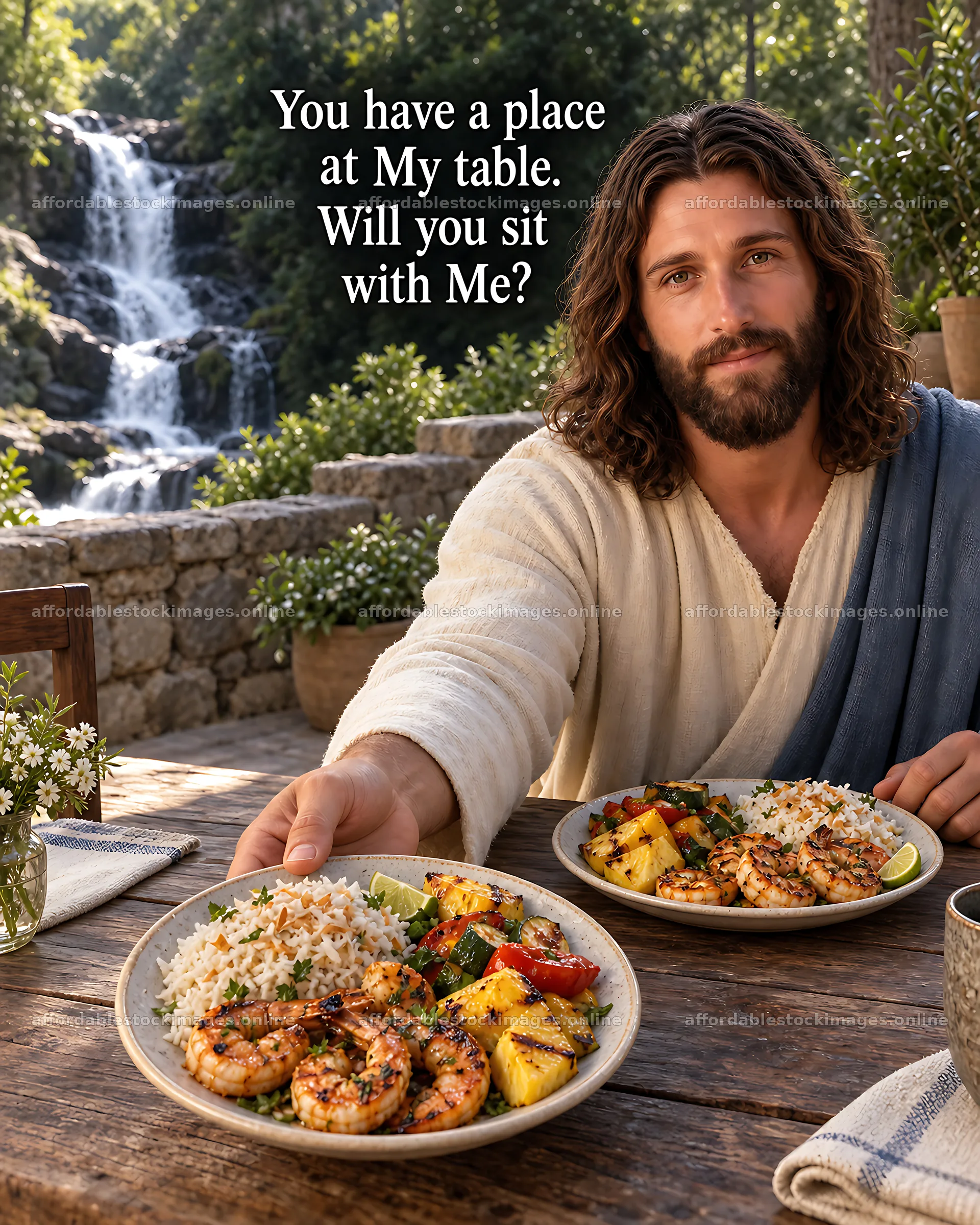 Meal by the waterfall with grilled shrimp and vegetables – stock images 7100x8872