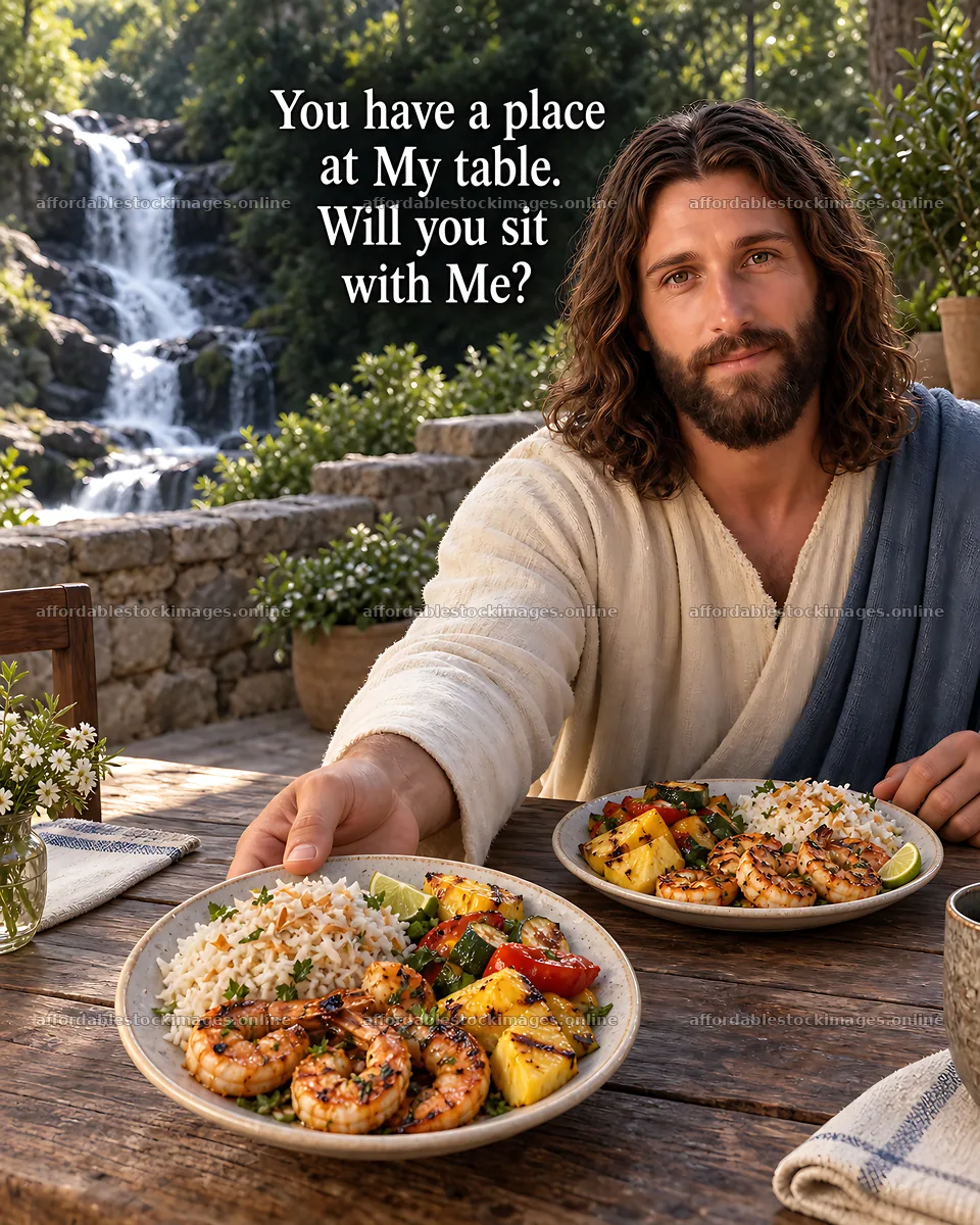 Meal by the waterfall with grilled shrimp and vegetables – stock images 7100x8872