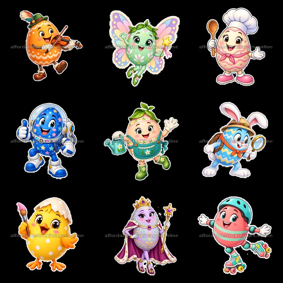 Nine cartoon figure stickers in a square arrangement – stock images 7746x7746