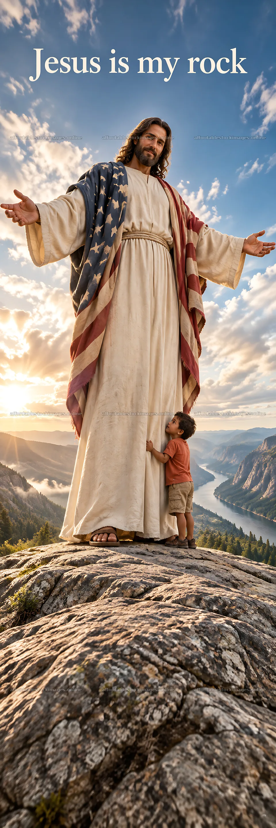 Jesus Christ stands with a child in a mountainous landscape – stock images 4472x13417