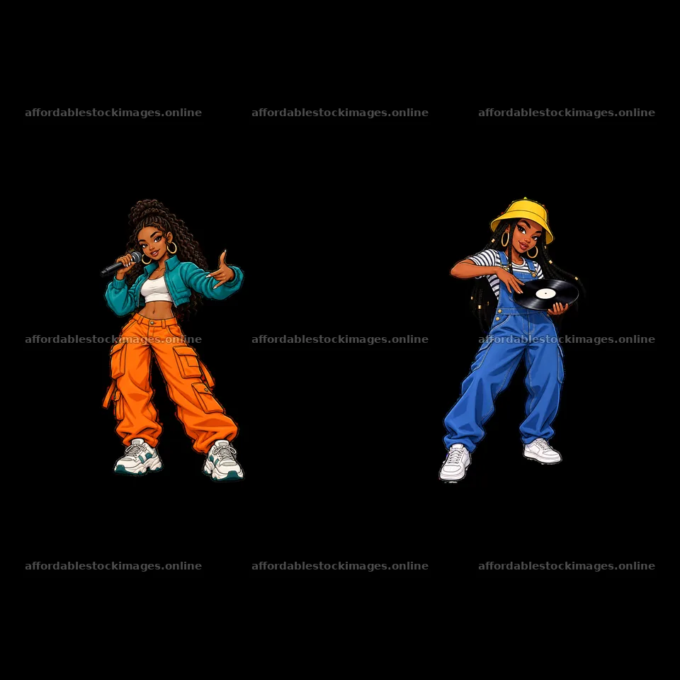 Hip-hop artists in colorful outfits with microphone and – stock images 7746x7746