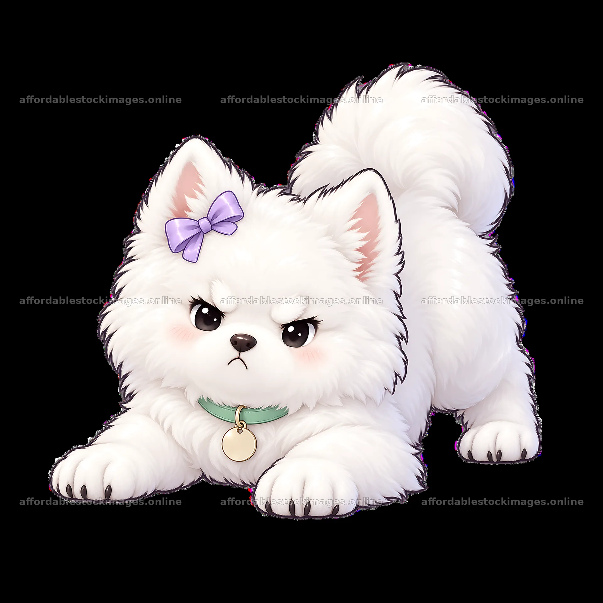 Kawaii grumpy dog with a bow and collar in a playful pose – stock images 7746x7746