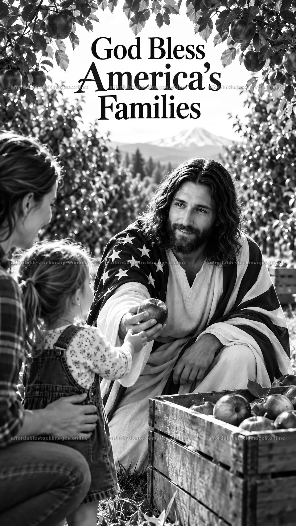 Jesus Christ sharing fruit with a family in an orchard – stock images 5811x10326