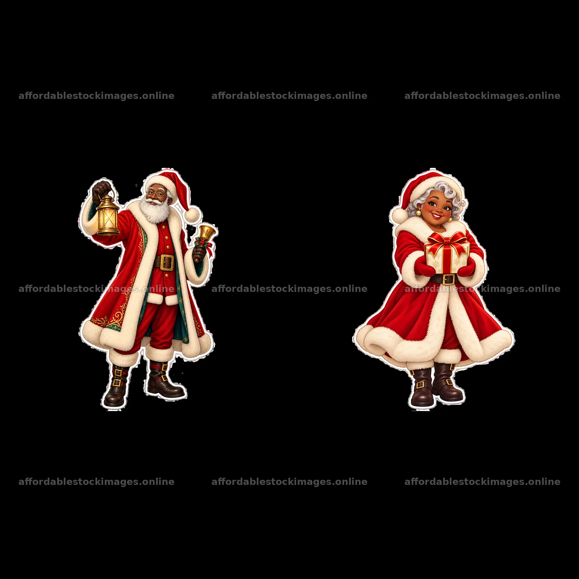 Santa Claus and Mrs. Claus with gifts and bells in cheerful – stock images 7746x7746