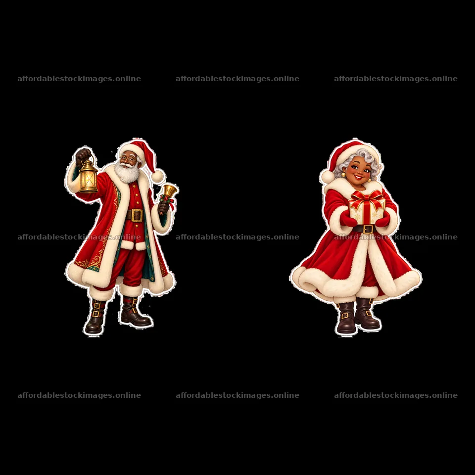 Santa Claus and Mrs. Claus with gifts and bells in cheerful – stock images 7746x7746