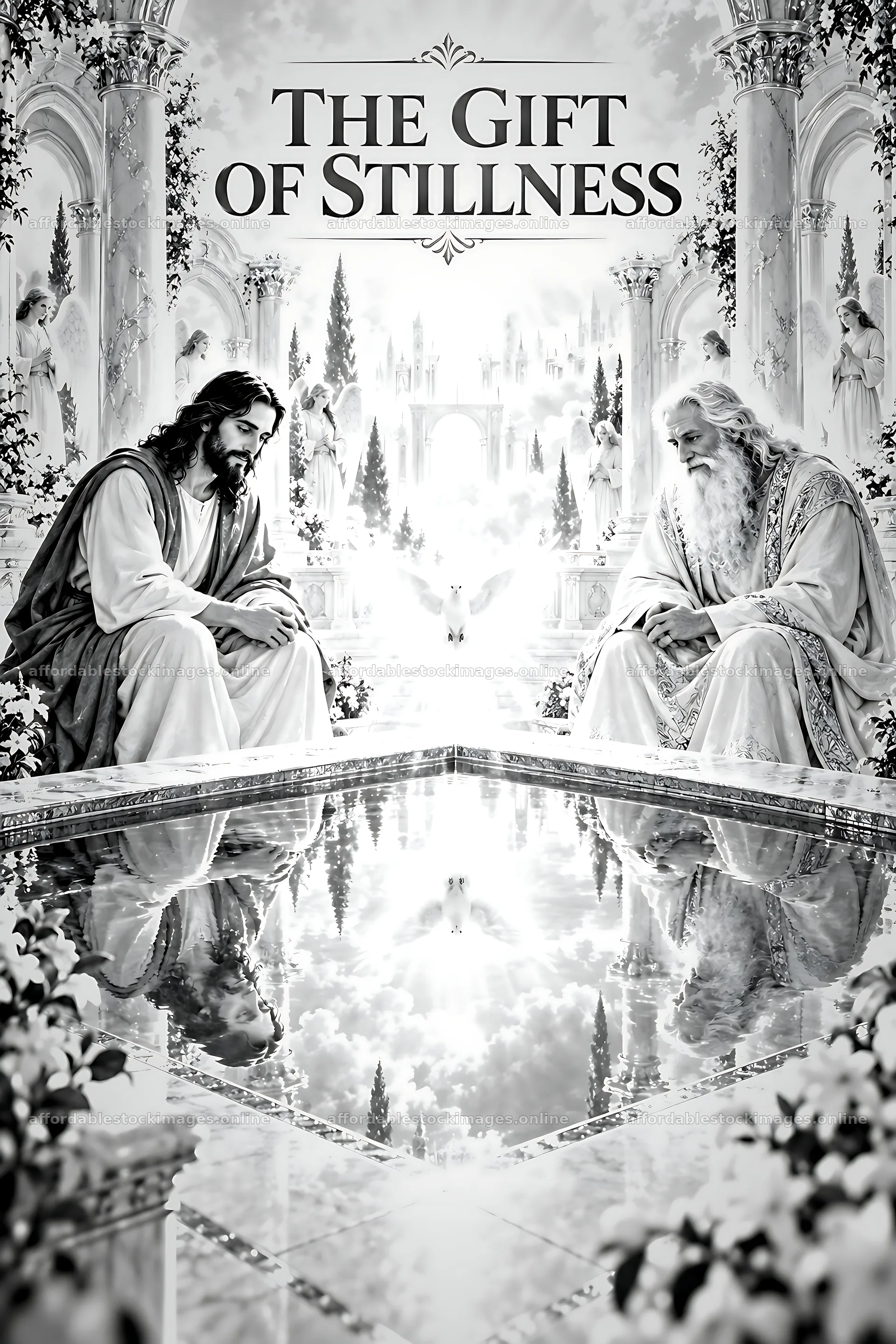 Gift of Stillness scene with figures in reflection – stock images 6480x9722