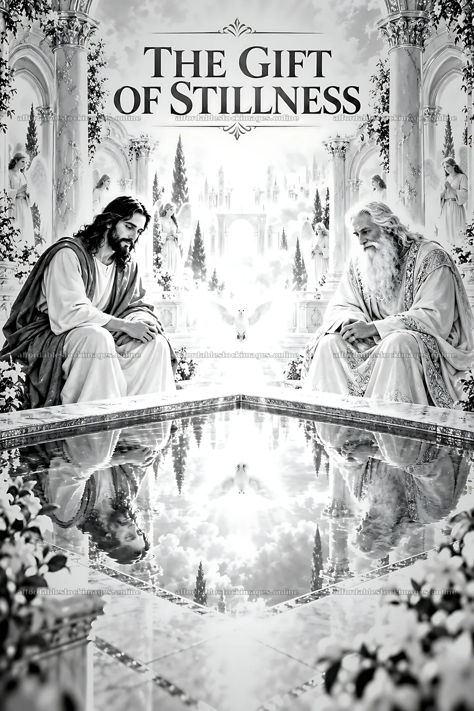 Gift of Stillness scene with figures in reflection – stock images 6480x9722
