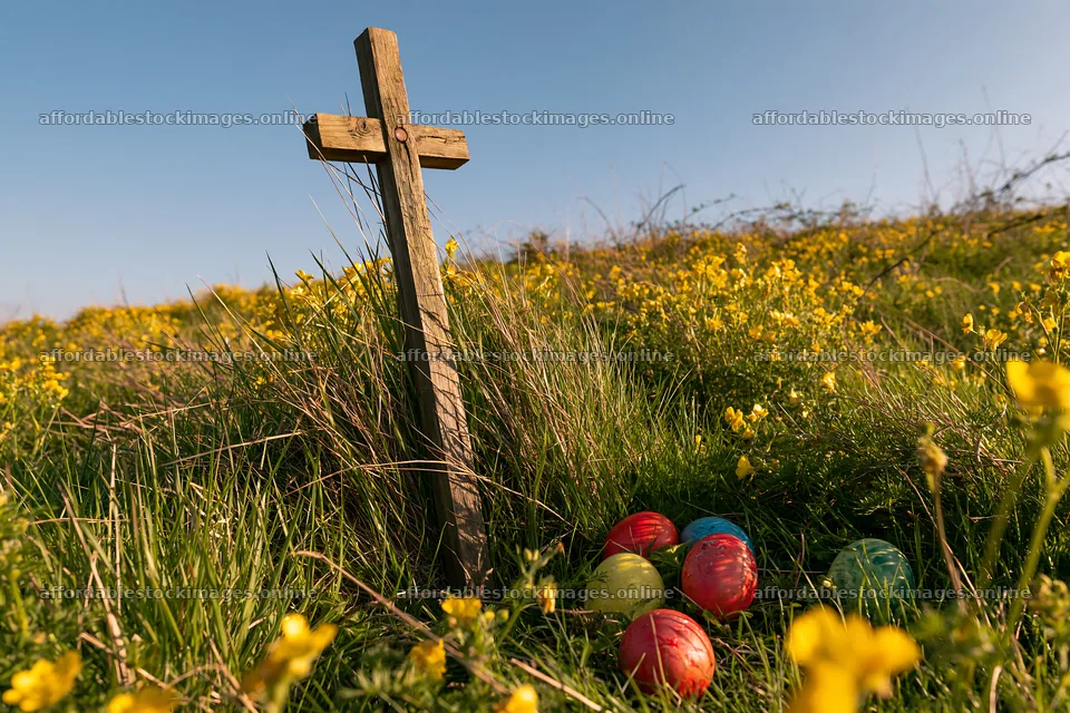 Christian cross among yellow wildflowers in a meadow – stock images 9722x6480
