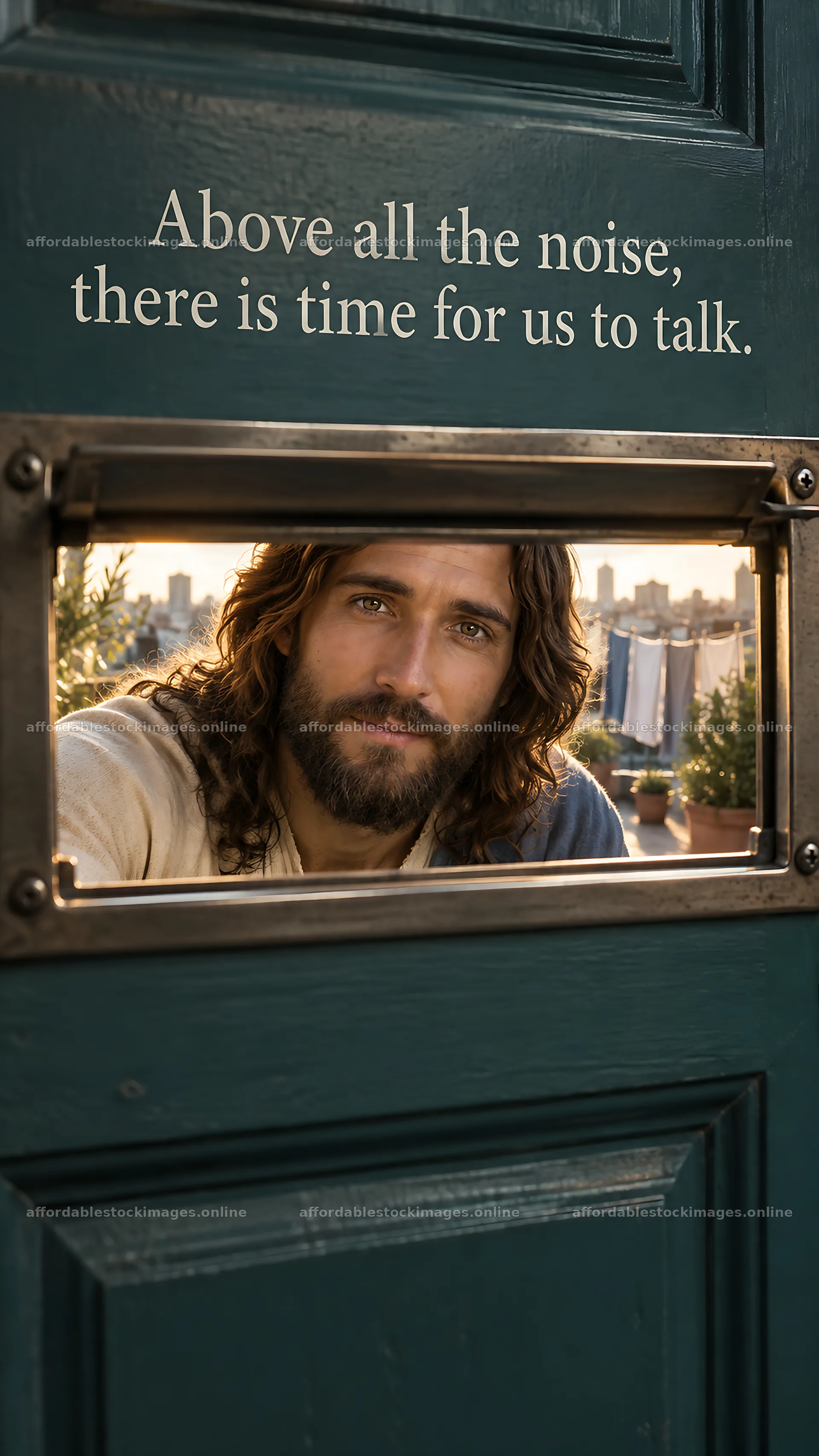 Jesus Christ speaking through a door for a conversation – stock images 5808x10331