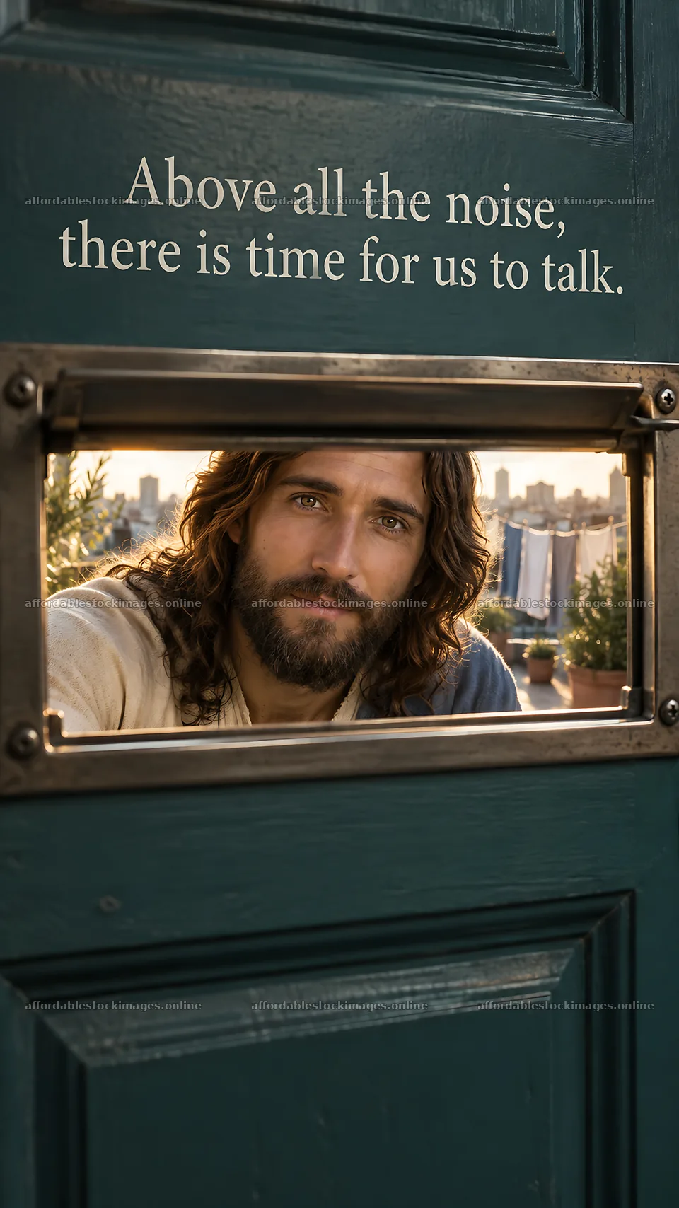 Jesus Christ speaking through a door for a conversation – stock images 5808x10331