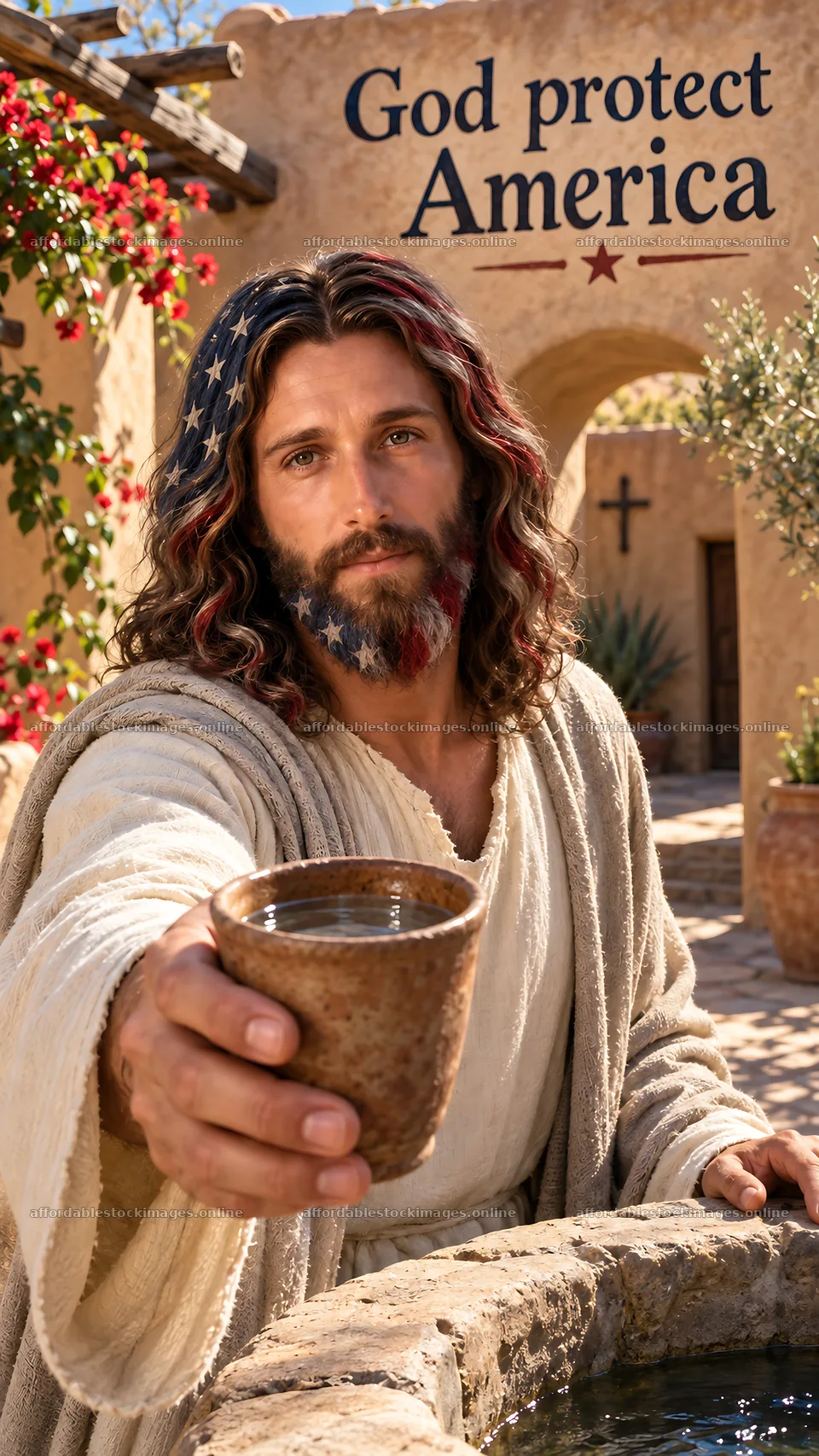 Jesus Christ offering a cup of water in a contemporary setting – stock images 5811x10326