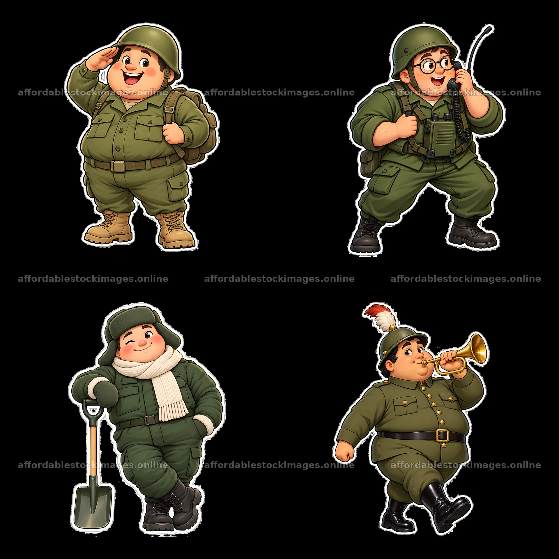 Cute ultra-chubby soldier cartoon stickers in 2x2 layout – stock images 7746x7746