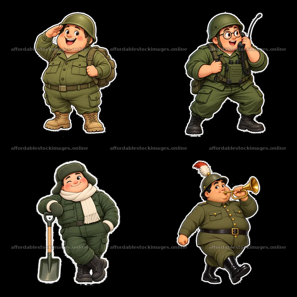 Cute ultra-chubby soldier cartoon stickers in 2x2 layout – stock images 7746x7746