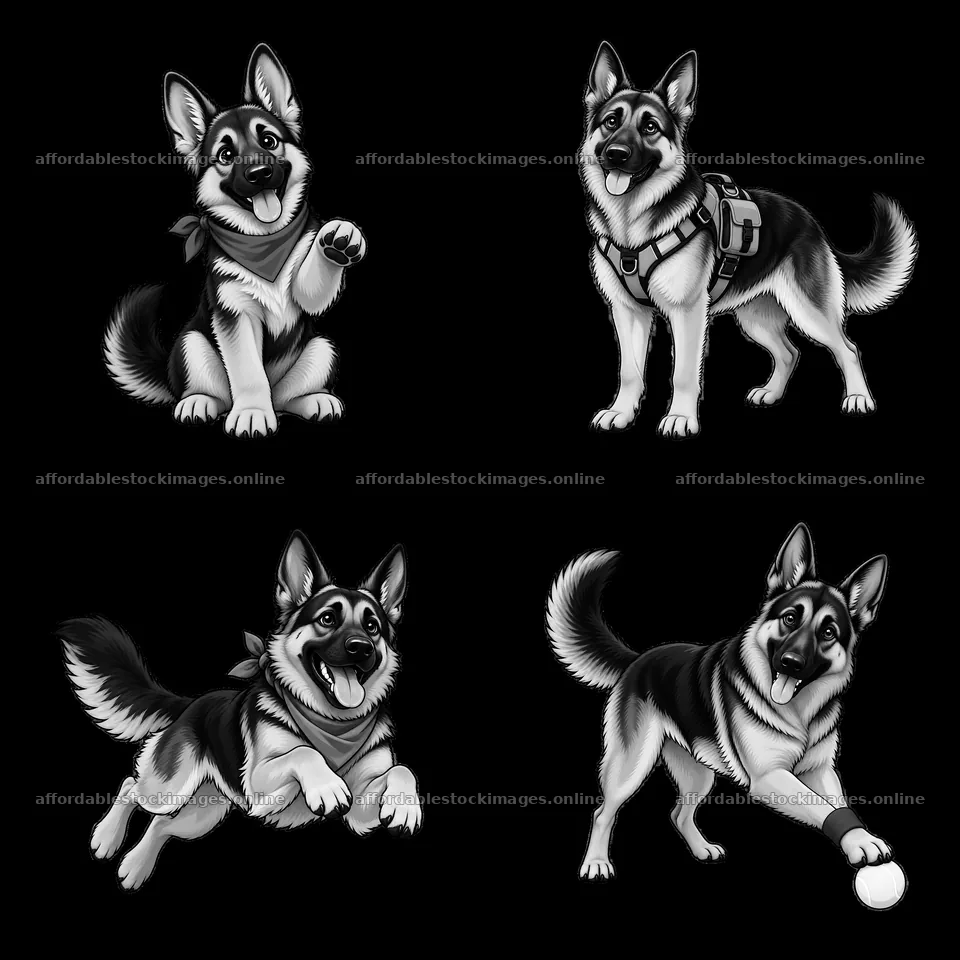 Four cartoon illustrations of German Shepherd dogs in various – stock images 7746x7746