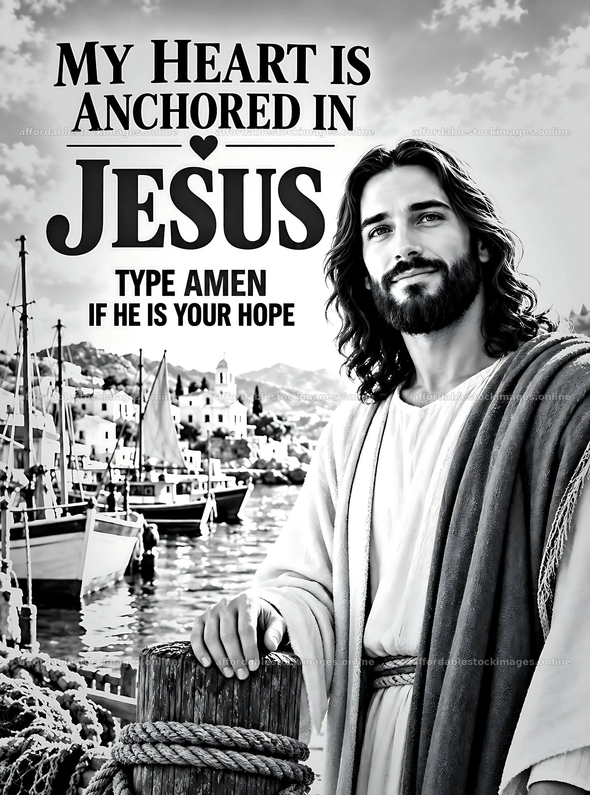 Hope at the Harbor with Jesus message – stock images 6836x9216