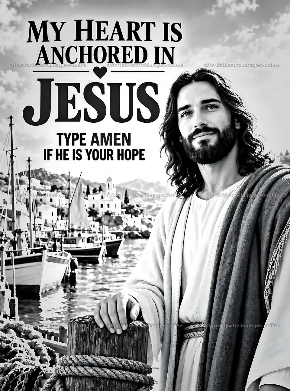 Hope at the Harbor with Jesus message – stock images 6836x9216