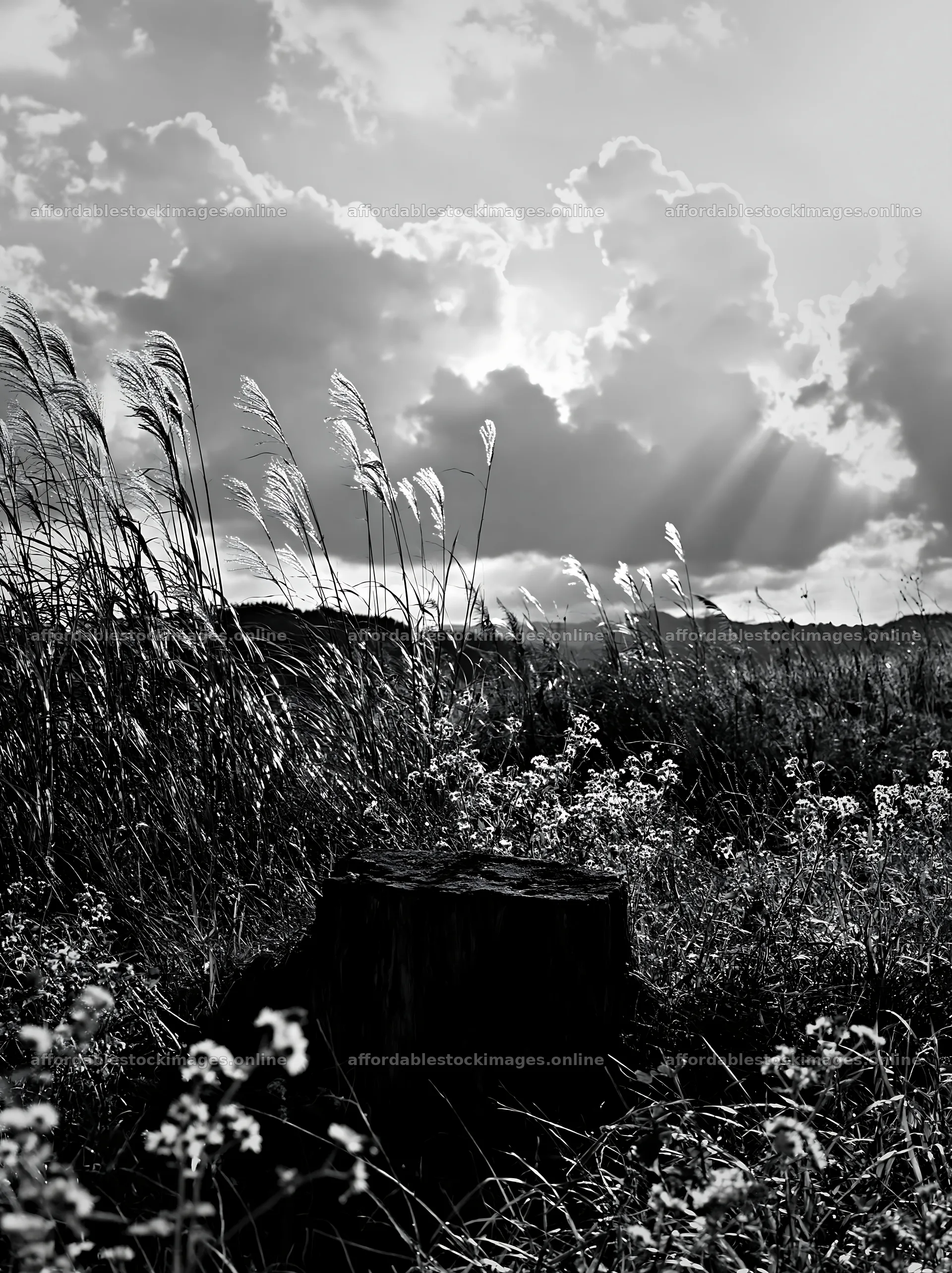 Fukushima native meadow with weathered stump – stock images 6866x9174