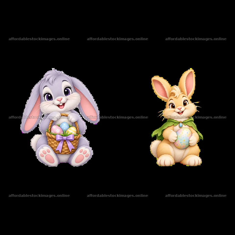 Easter bunnies with colorful eggs in baskets and cloaks – stock images 7746x7746