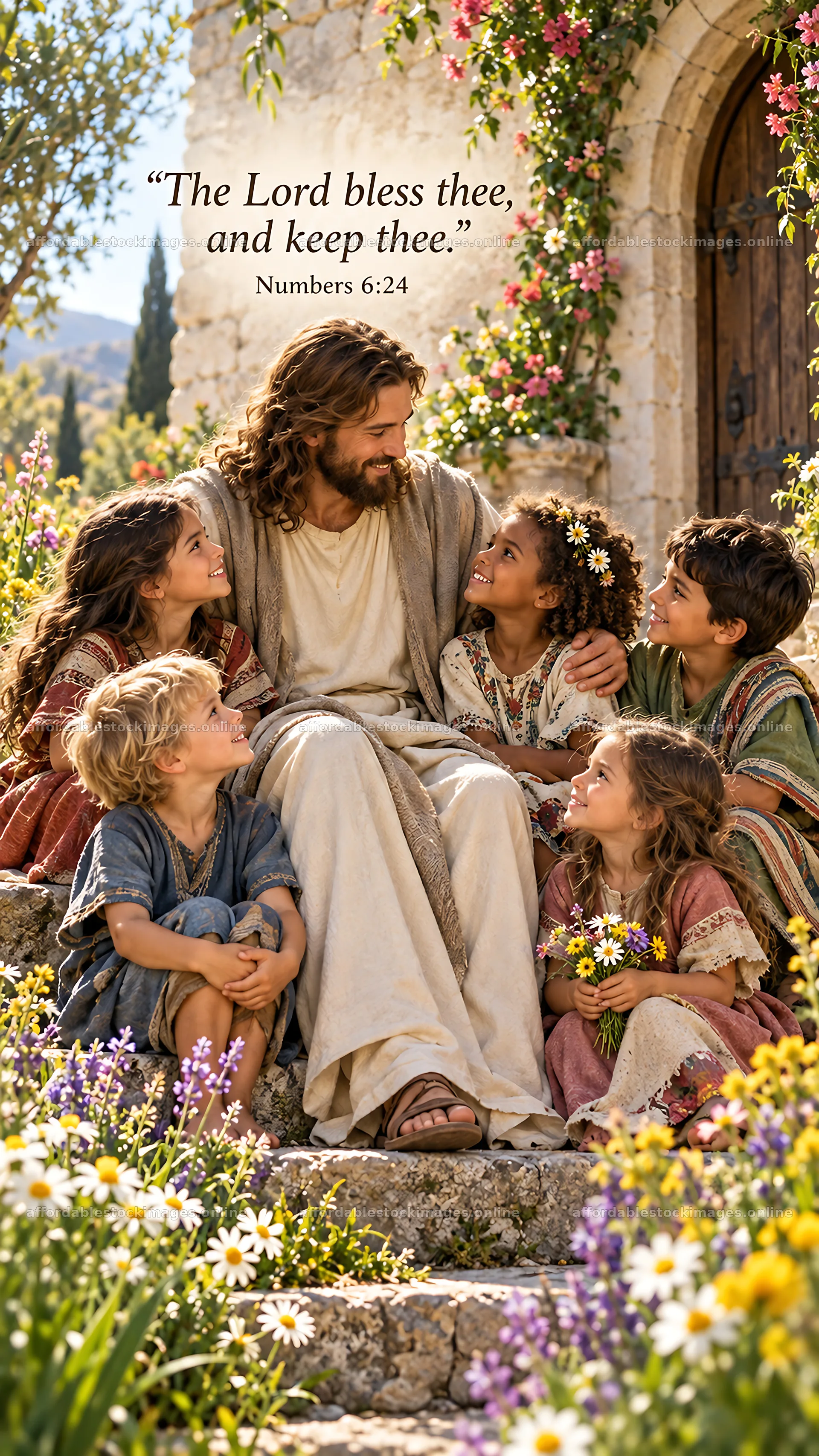 Jesus Christ interacting with children in a garden setting – stock images 5811x10326