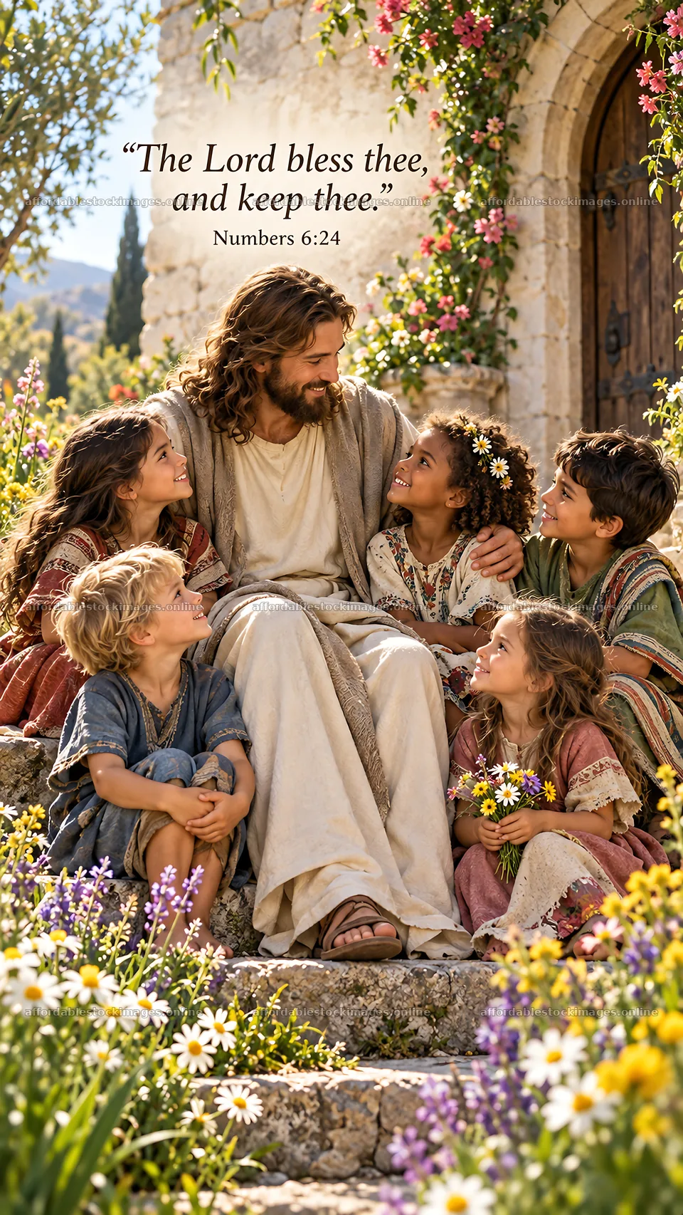 Jesus Christ interacting with children in a garden setting – stock images 5811x10326