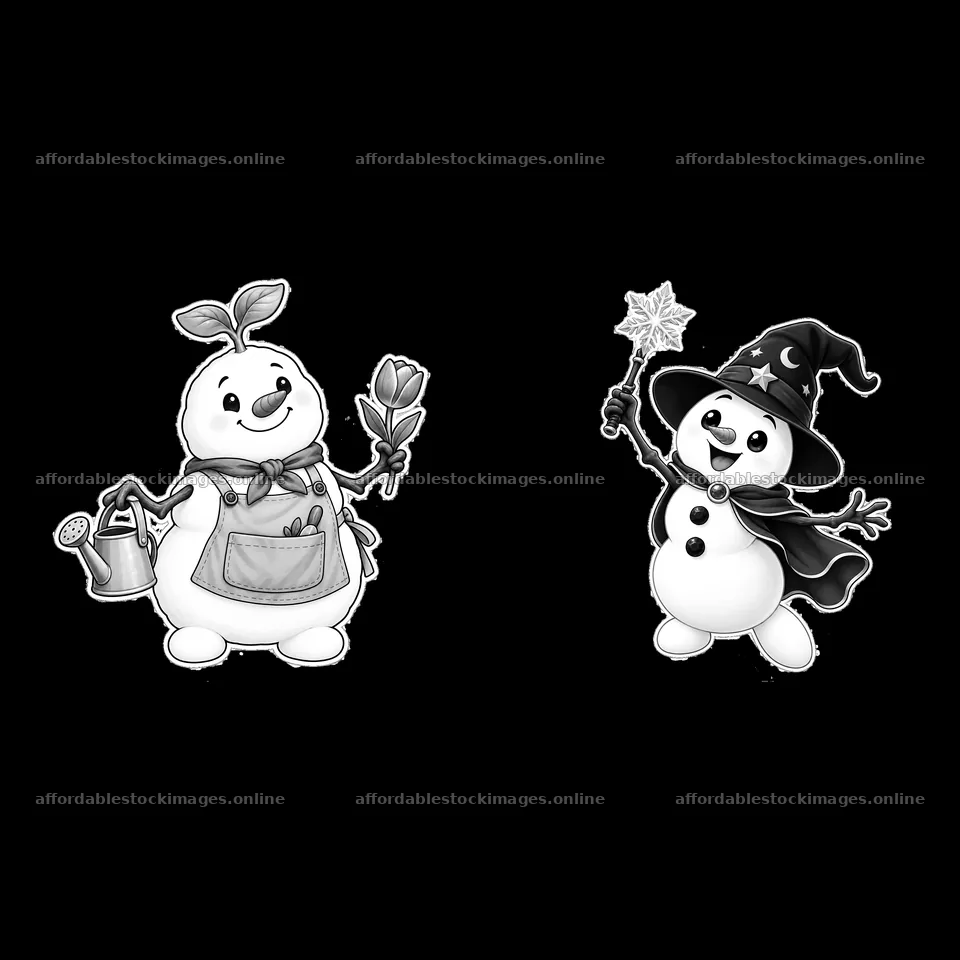 Snowman with gardening tools and snowman with magic wand – stock images 7746x7746
